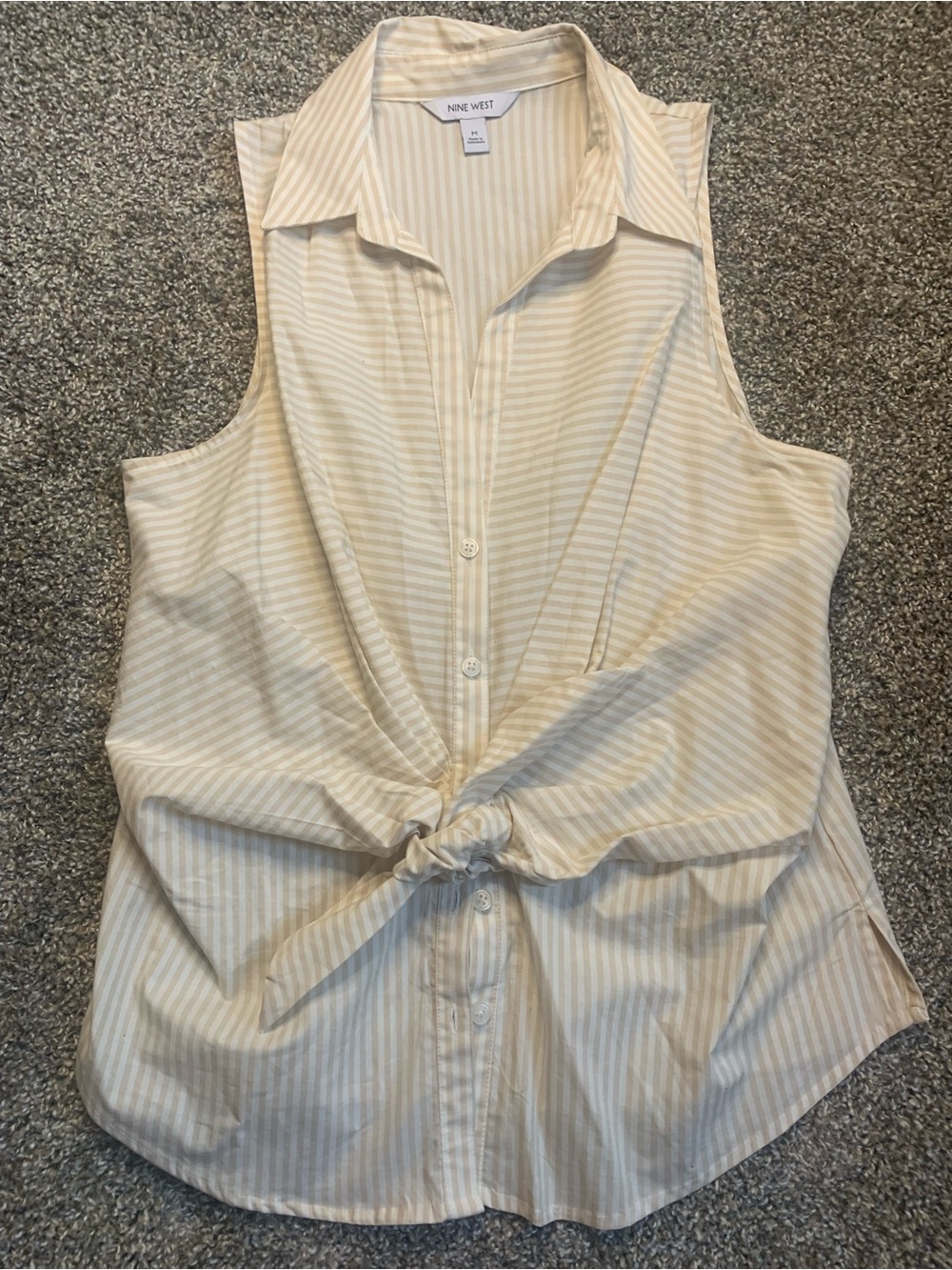 Nine West Cream and White Striped Tie-Front Sleeveless Button-Down Top